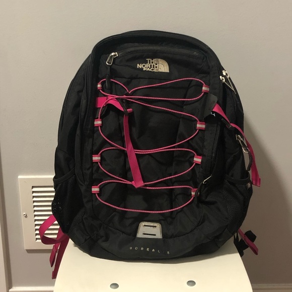 north face white and pink backpack